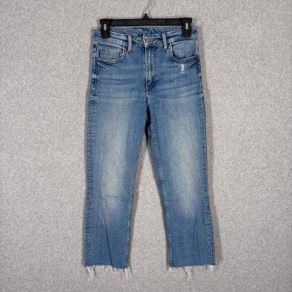 H&M‎ &Denim Jeans 27 Straight Ankle Crop Raw Frayed Hem Stretch Distressed Faded - Picture 1 of 10